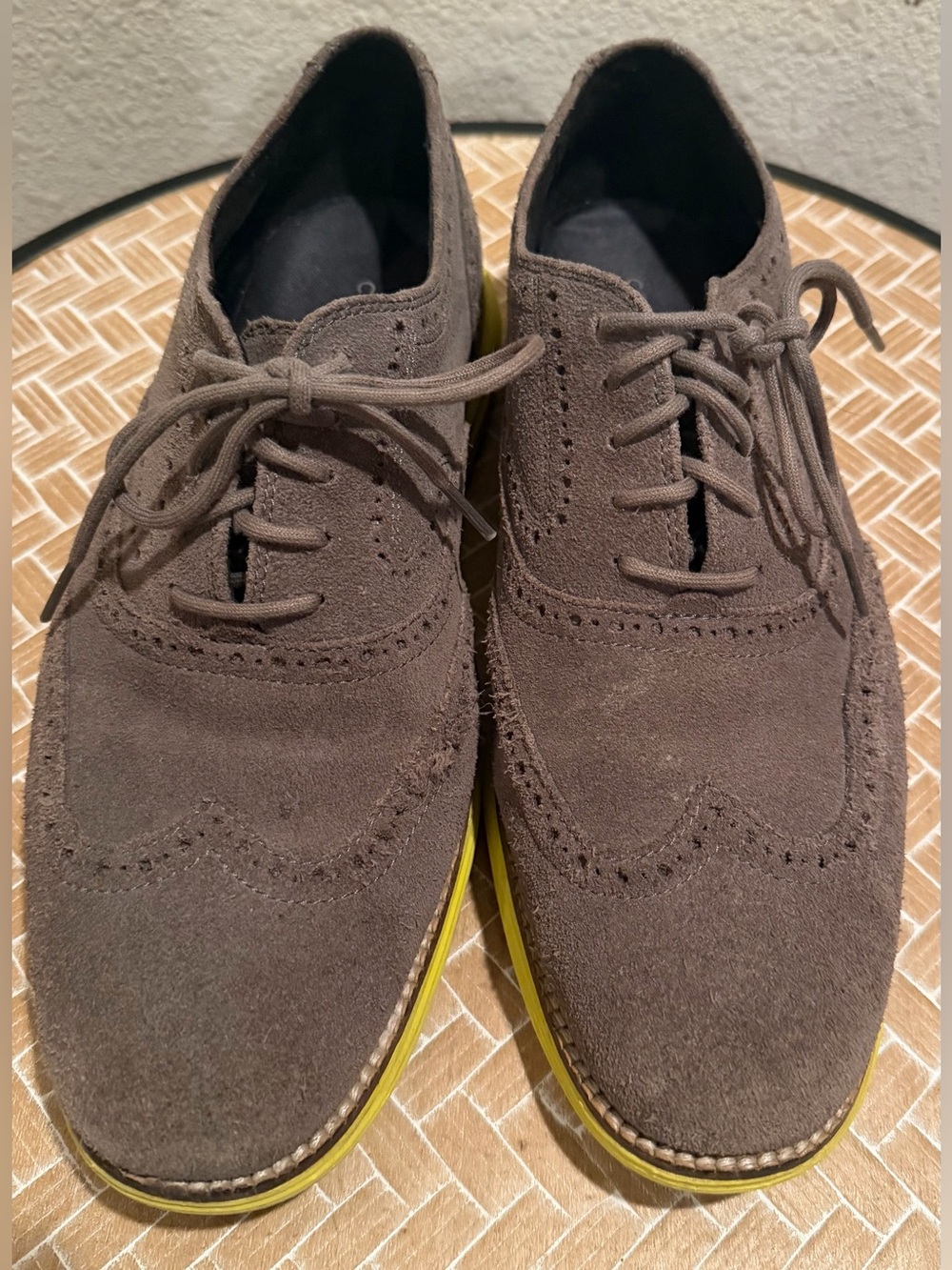 Cole Haan Gray Suede Wingtip Oxford Shoes with Yellow Soles - Men's Size 9 - Picture 3 of 9